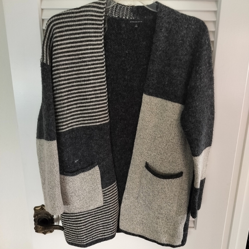 Staccato Sweater Cardigan Womens med black gray Color Block Stripe Open Front